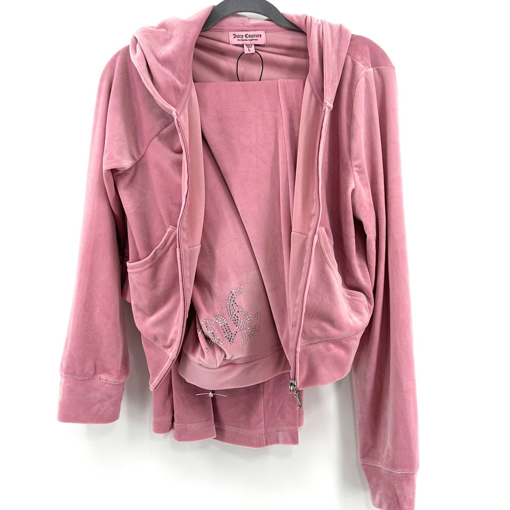 Juicy Couture Tracksuit Women L Pink Solid Cropped Velour 2 Piece Set Hoodie NWT